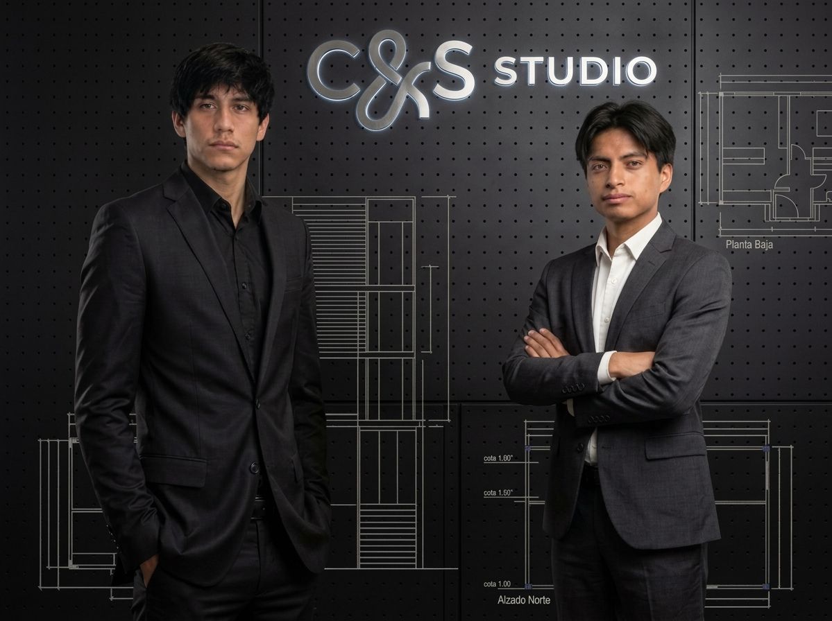 Mauricio De la Cruz y Emilio Santos, de traje, frente a un muro con el logo de C&S Studio y dibujos de planos