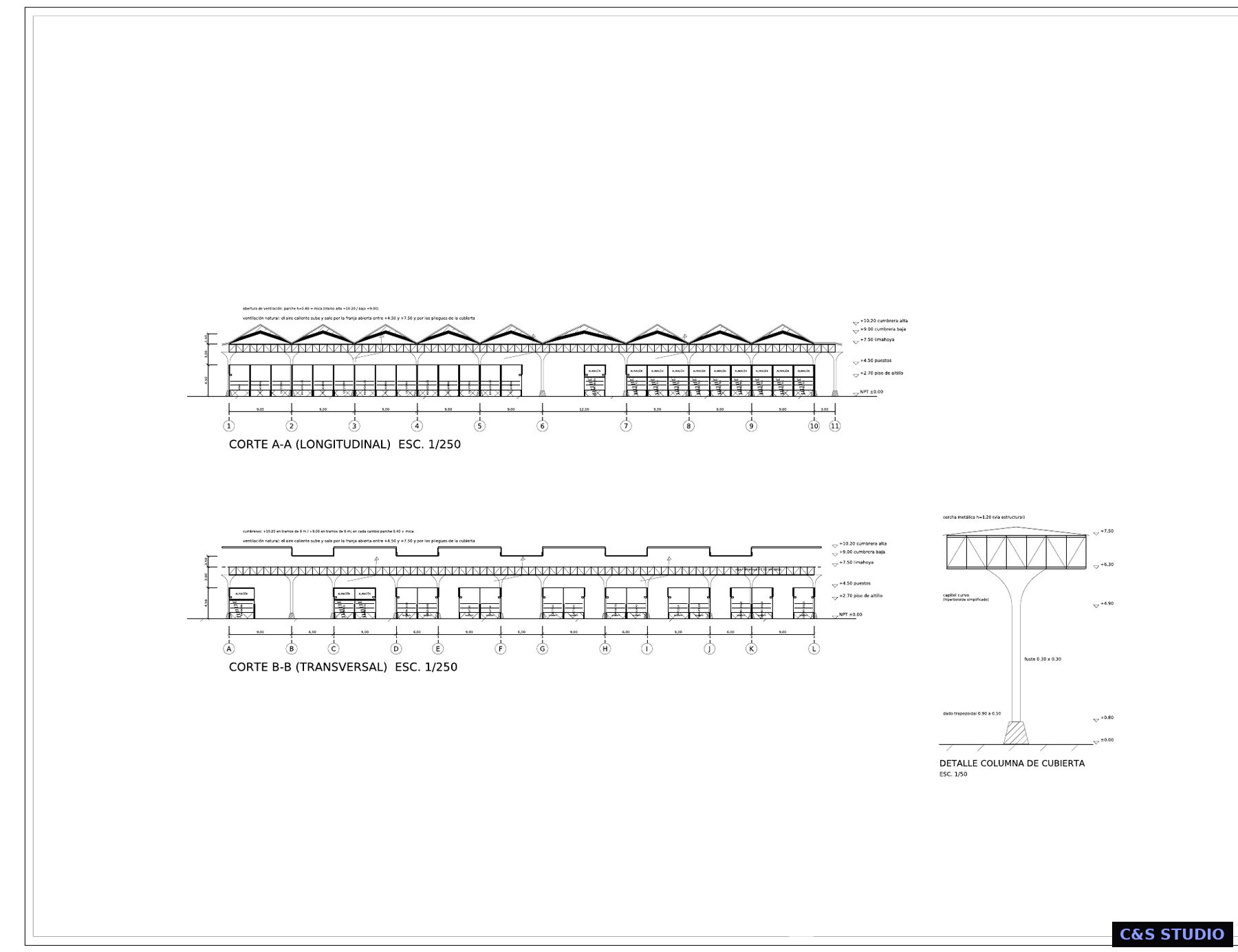 Mercado de abastos: Cortes y detalle de cubierta · Esc. 1/250